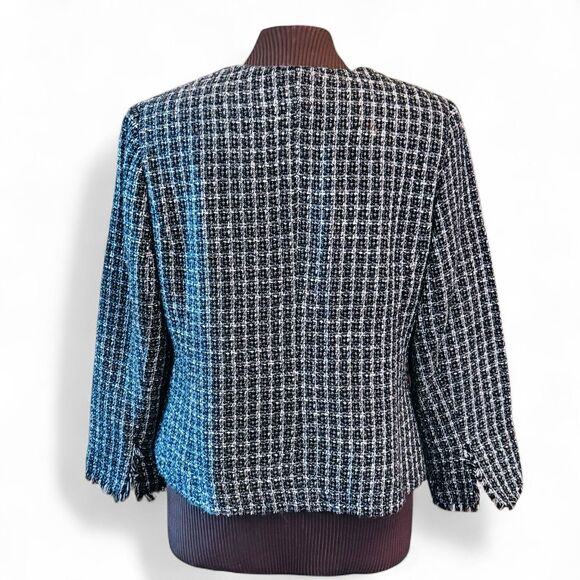George Woman Tweed Fringe Edge Blazer Jacket Open Front Black White Sz 16W - Picture 3 of 11